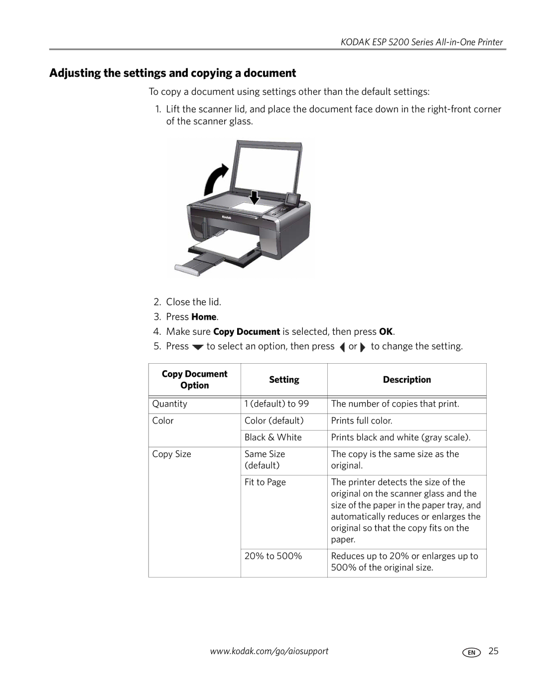 Kodak ESP 5200 manual Adjusting the settings and copying a document, Copy Document Setting Description 