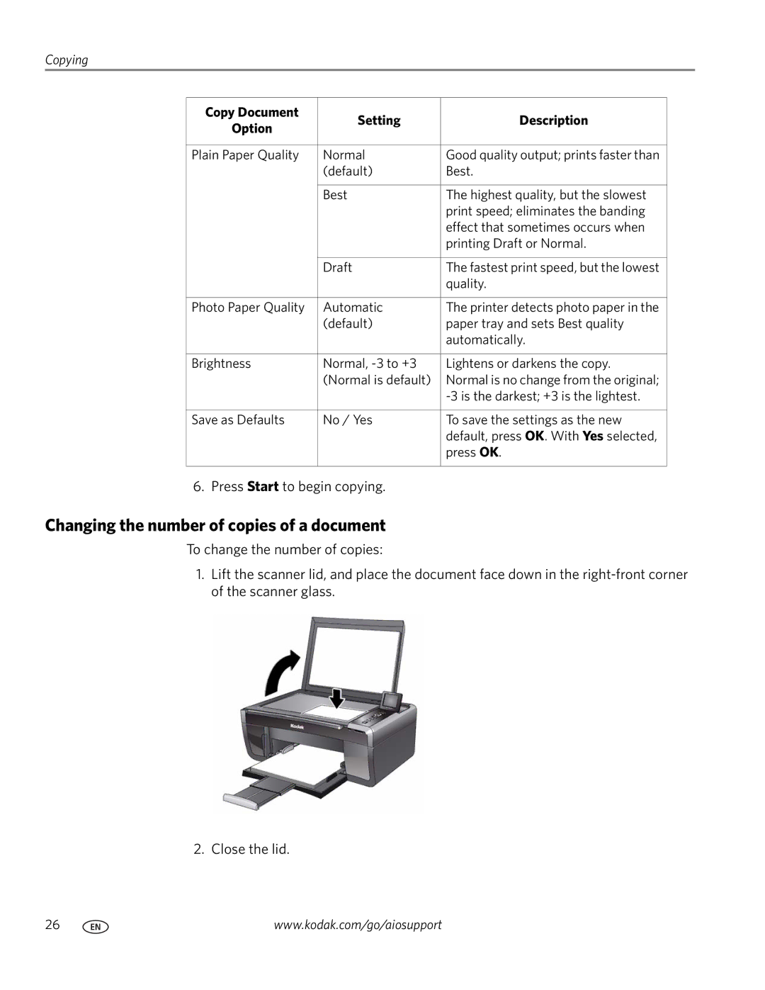 Kodak ESP 5200 manual Changing the number of copies of a document, Copy Document Setting Description Option 