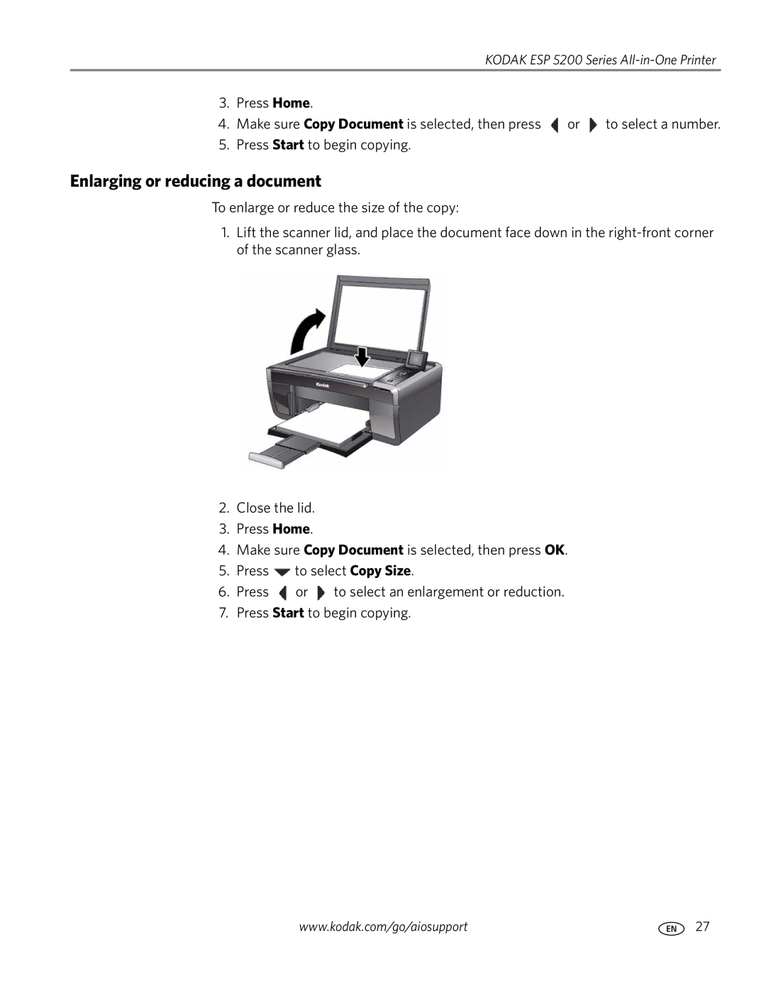 Kodak ESP 5200 manual Enlarging or reducing a document 