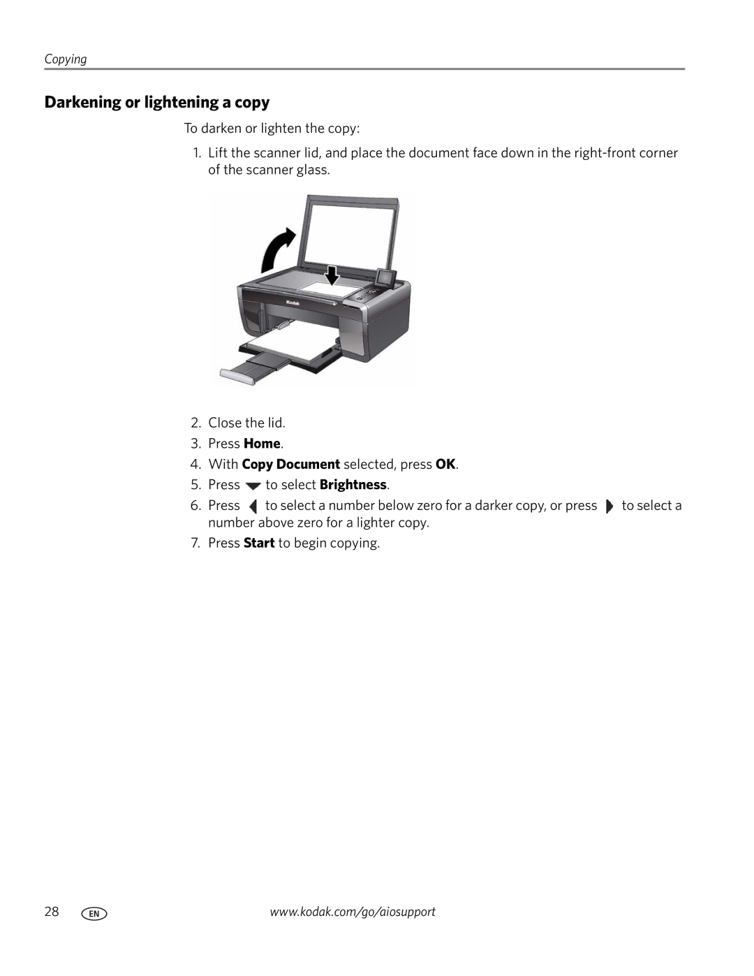 Kodak ESP 5200 manual Darkening or lightening a copy 