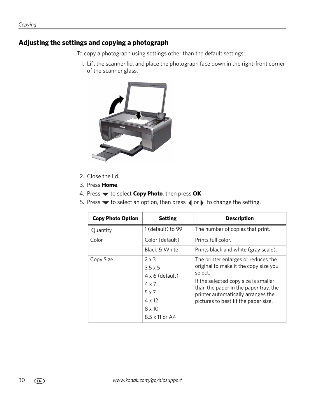 Kodak ESP 5200 manual Adjusting the settings and copying a photograph, Copy Photo Option Setting Description 