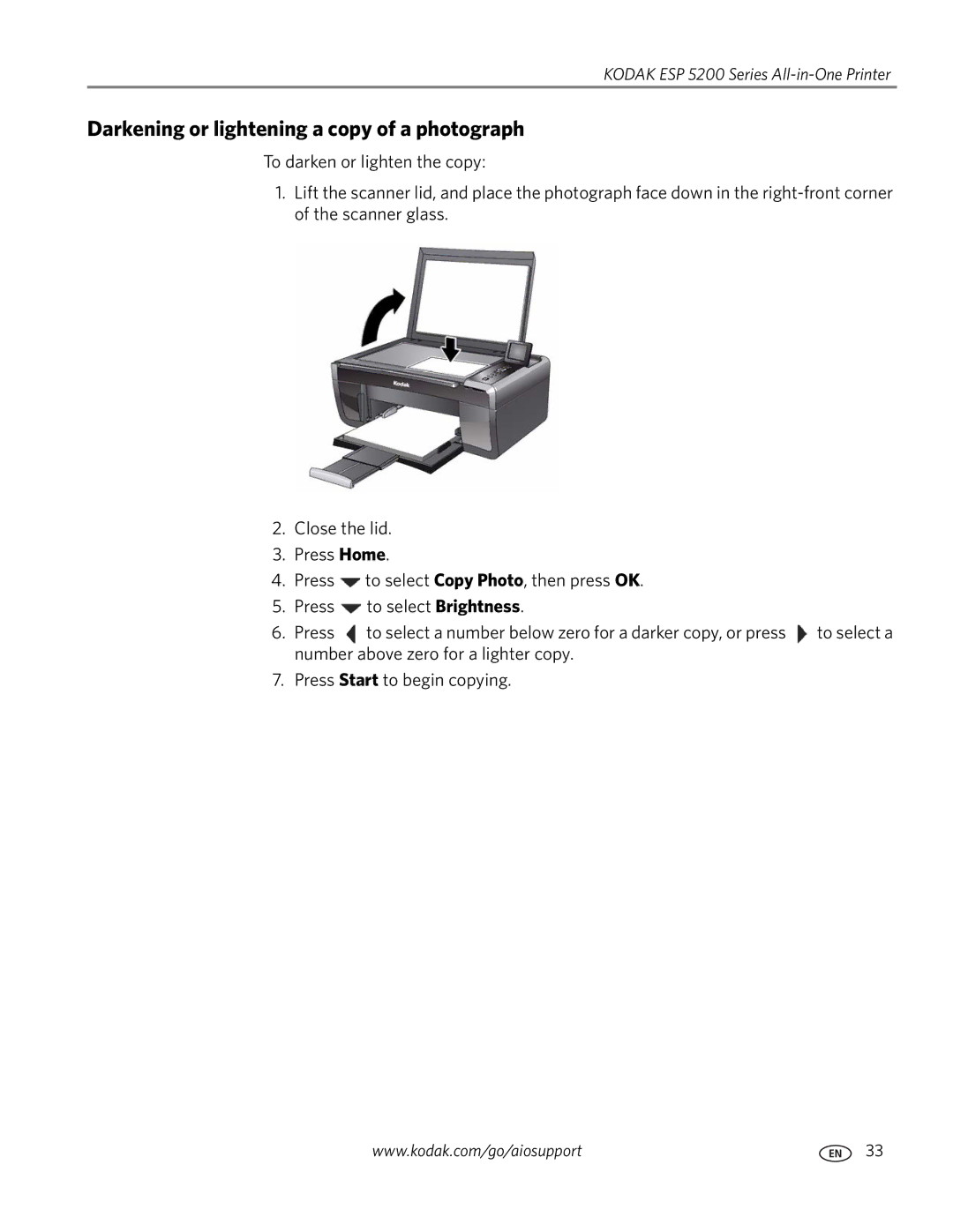 Kodak ESP 5200 manual Darkening or lightening a copy of a photograph 