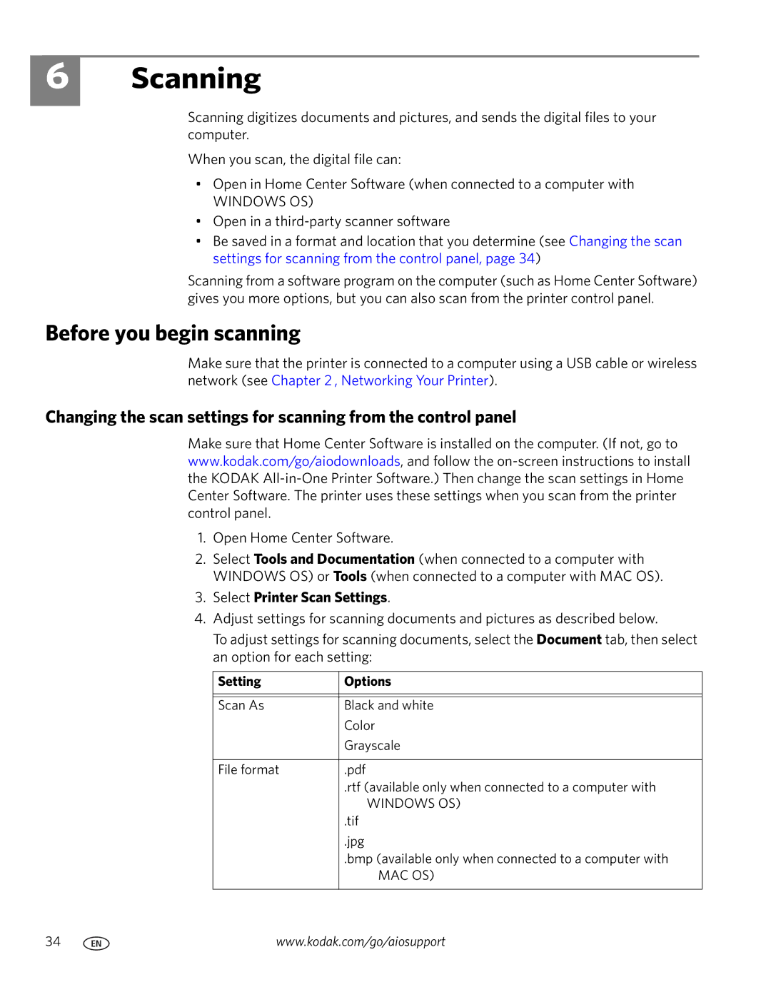 Kodak ESP 5200 manual Scanning, Before you begin scanning, Select Printer Scan Settings, Setting Options 