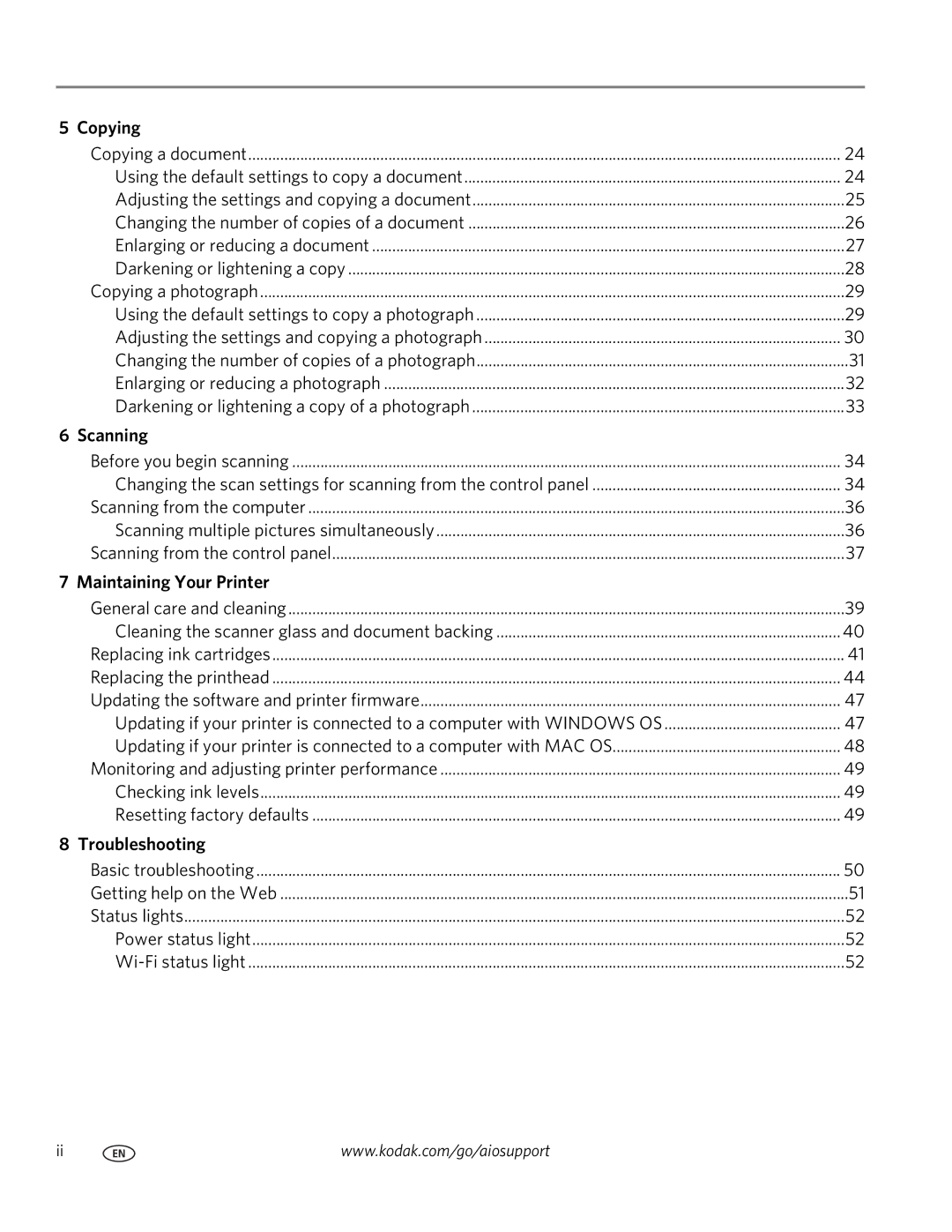 Kodak ESP 5200 manual Copying, Scanning, Maintaining Your Printer, Troubleshooting 