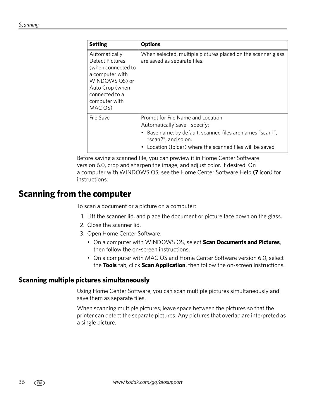 Kodak ESP 5200 manual Scanning from the computer, Scanning multiple pictures simultaneously 