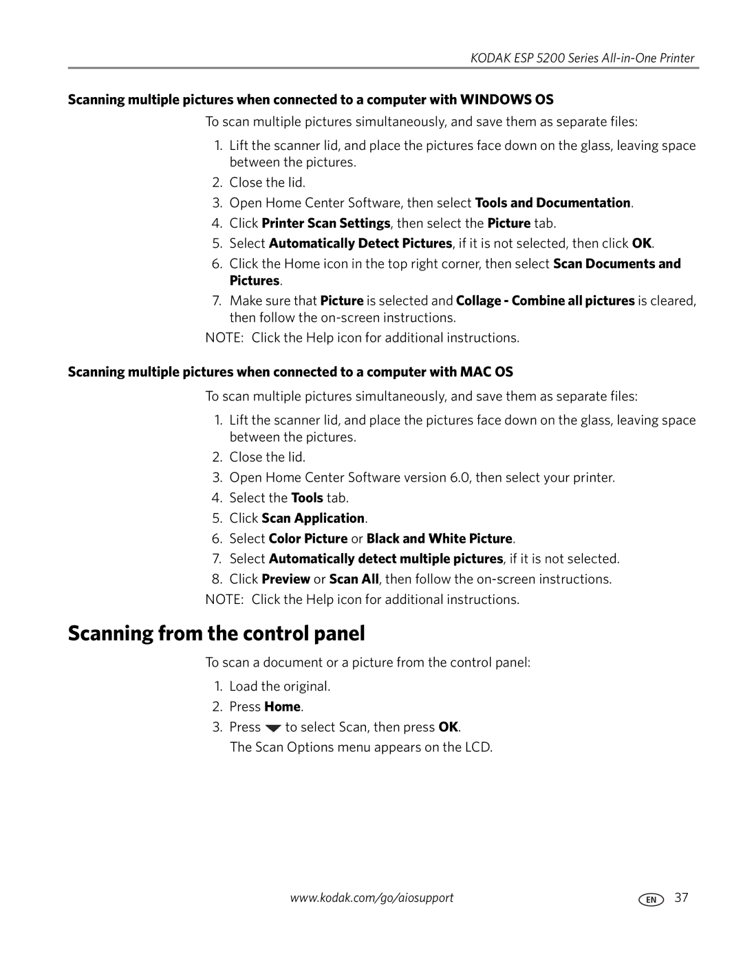 Kodak ESP 5200 manual Scanning from the control panel, Click Printer Scan Settings, then select the Picture tab 