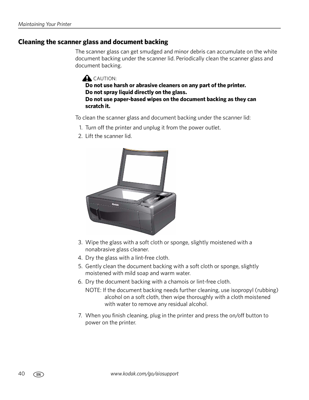 Kodak ESP 5200 manual Cleaning the scanner glass and document backing 