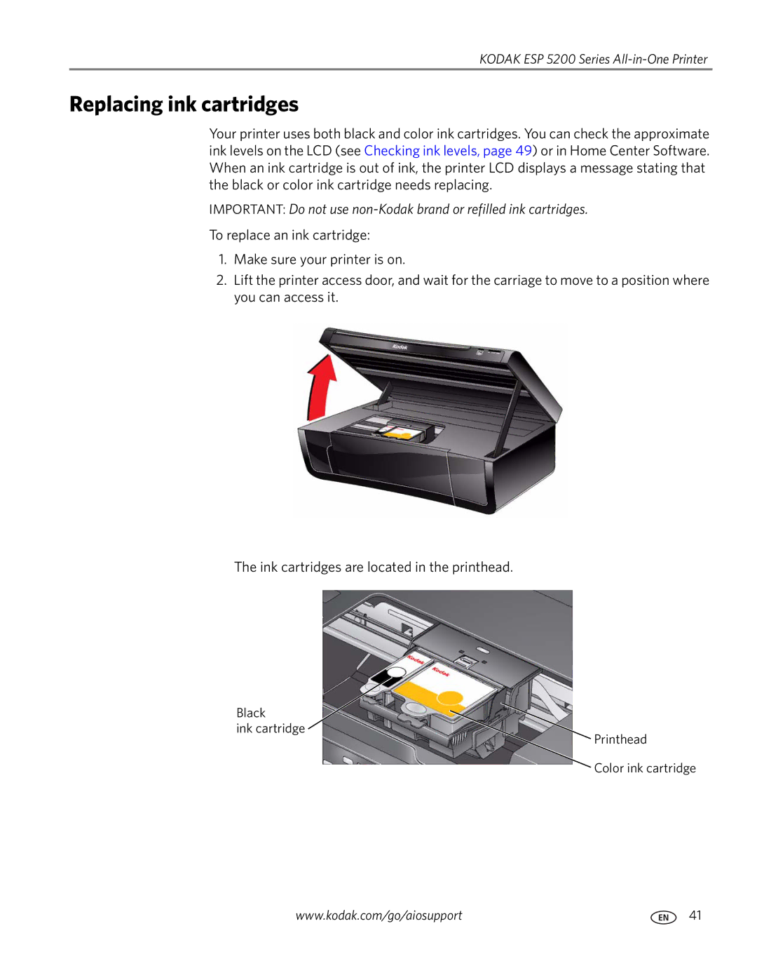 Kodak ESP 5200 manual Replacing ink cartridges 