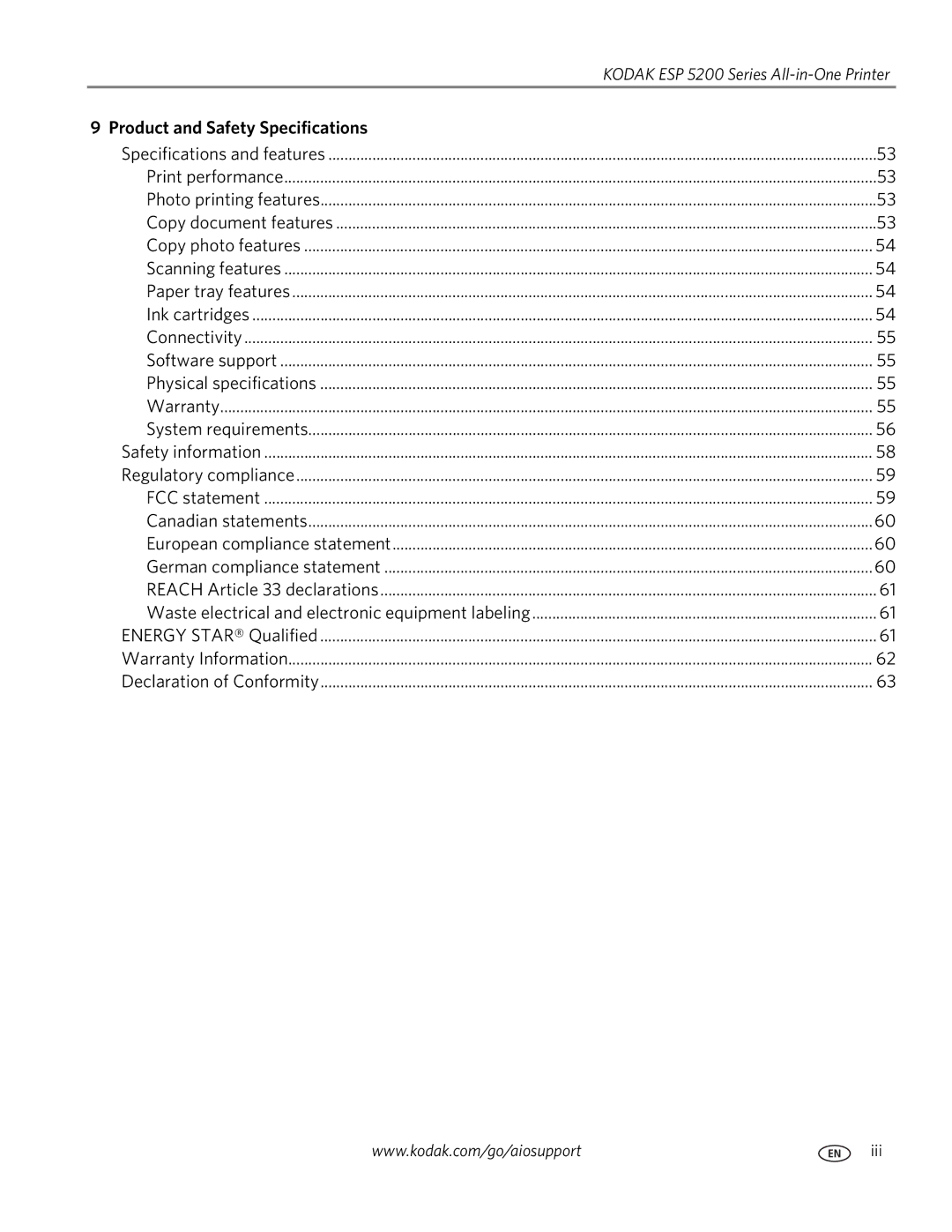 Kodak ESP 5200 manual Product and Safety Specifications 