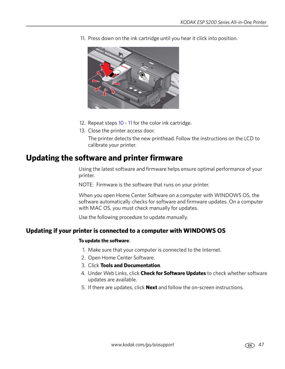 Kodak ESP 5200 manual Updating the software and printer firmware, Click Tools and Documentation, To update the software 