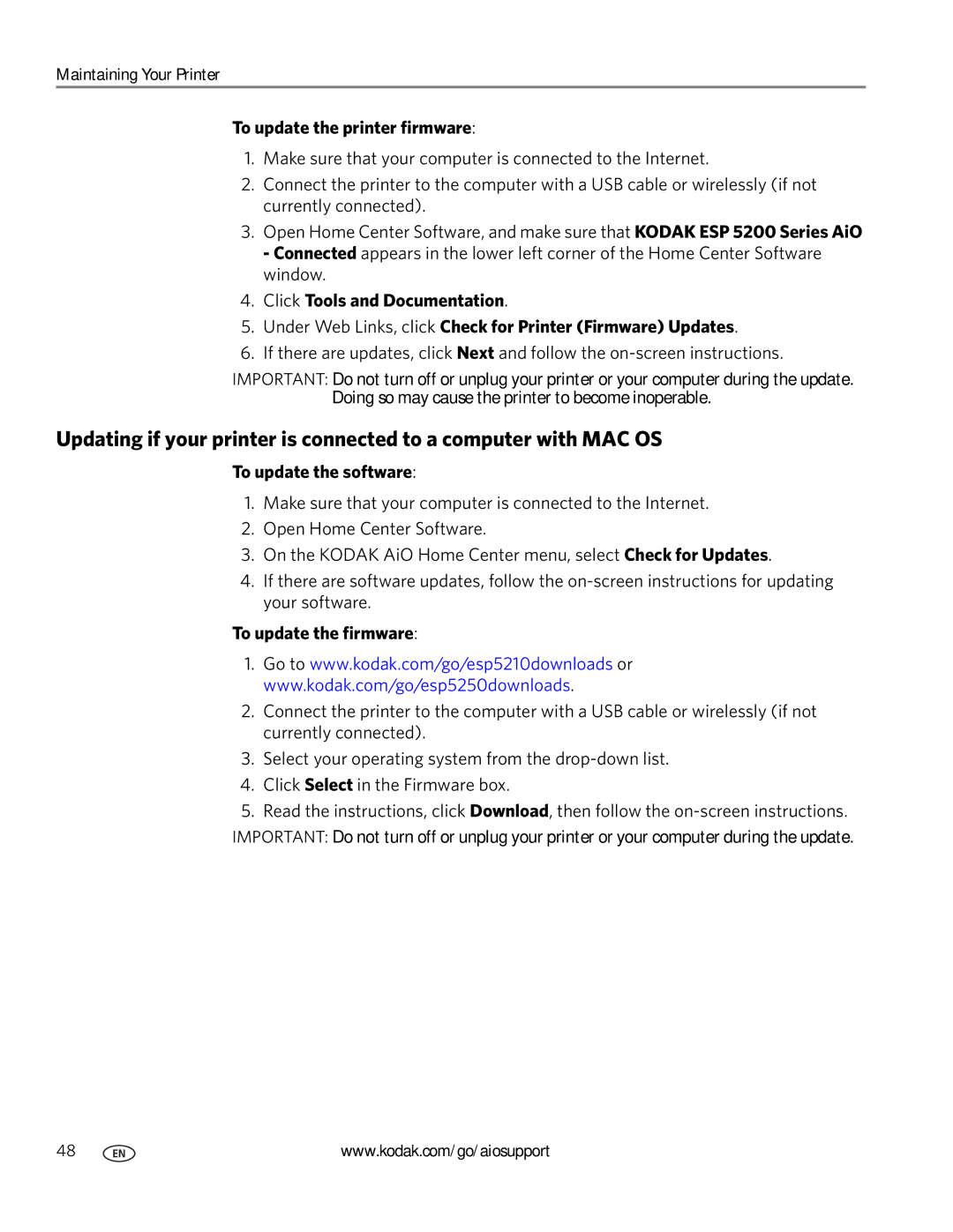 Kodak ESP 5200 manual To update the printer firmware, To update the software, To update the firmware 