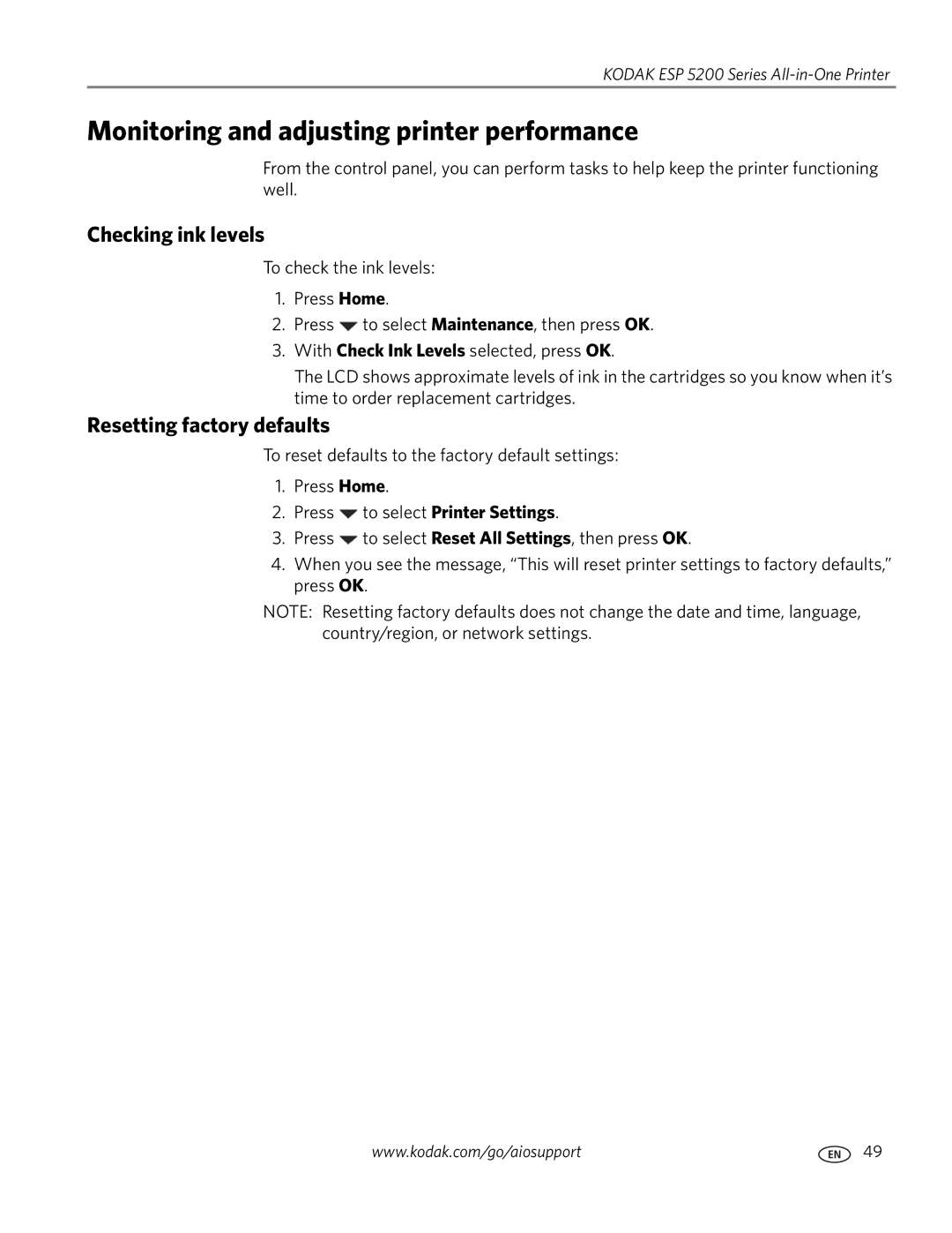 Kodak ESP 5200 manual Monitoring and adjusting printer performance, Checking ink levels, Resetting factory defaults 