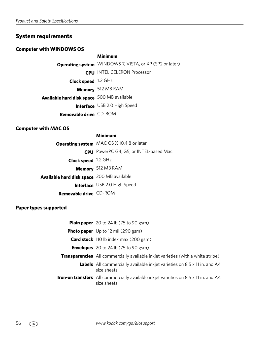 Kodak ESP 5200 manual System requirements, Computer with Windows OS, Computer with MAC OS, Paper types supported 