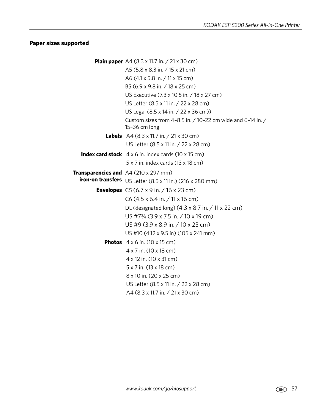 Kodak ESP 5200 manual Paper sizes supported, Plain paper Labels Index card stock, Photos 