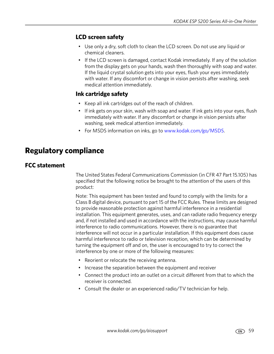 Kodak ESP 5200 manual Regulatory compliance, LCD screen safety, Ink cartridge safety, FCC statement 