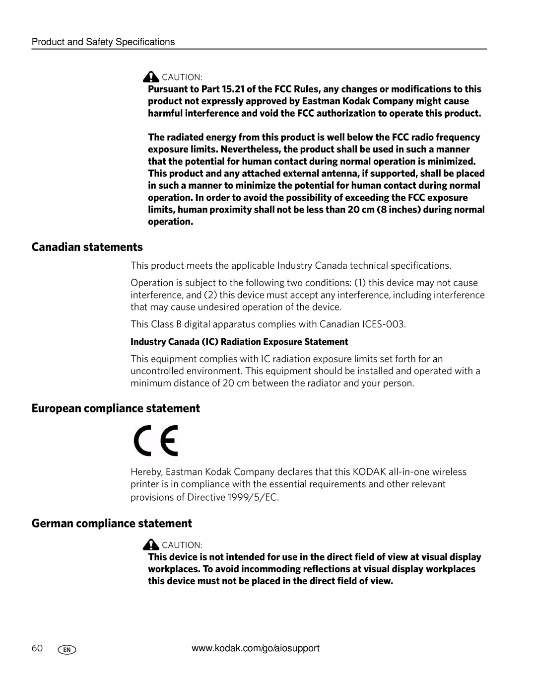 Kodak ESP 5200 manual Canadian statements, European compliance statement, German compliance statement 