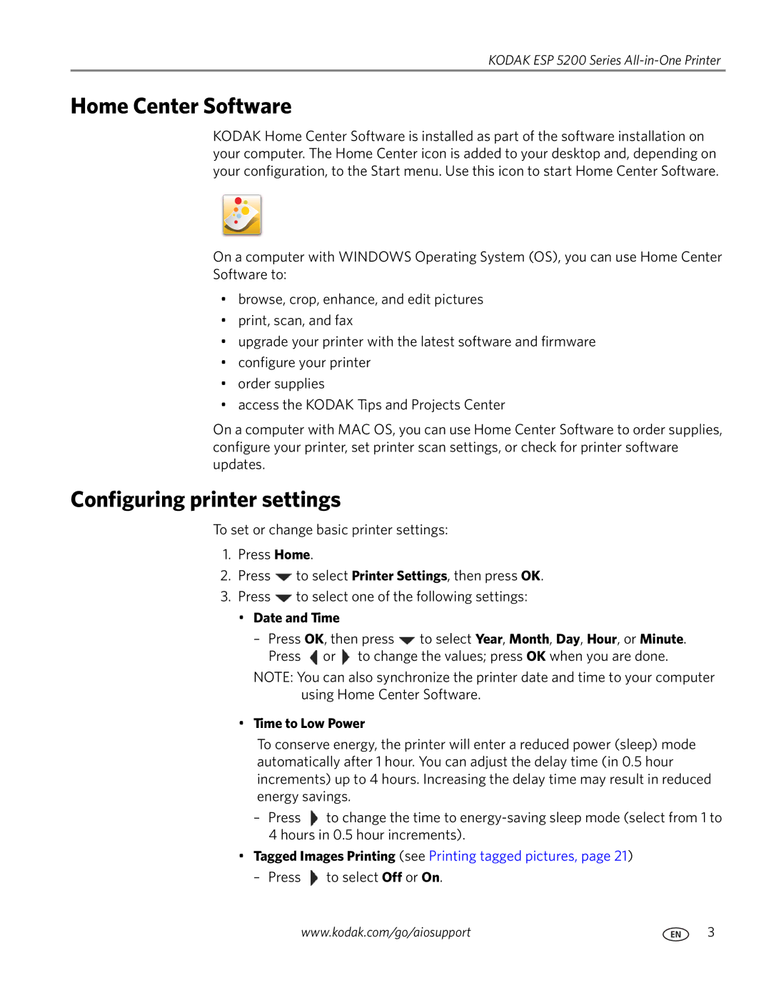 Kodak ESP 5200 manual Home Center Software, Configuring printer settings, Date and Time, Time to Low Power 