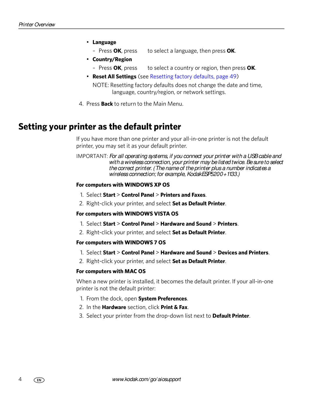 Kodak ESP 5200 manual Setting your printer as the default printer, Language, Country/Region, For computers with MAC OS 