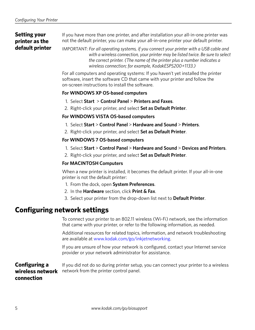 Kodak ESP 5250 manual Configuring network settings, Setting your printer as the default printer, For Macintosh Computers 