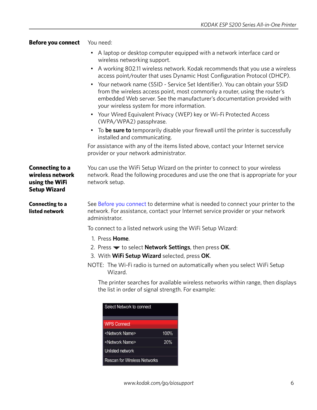 Kodak ESP 5200 Series manual Before you connect You need, Connecting to a, Wireless network, Using the WiFi, Setup Wizard 