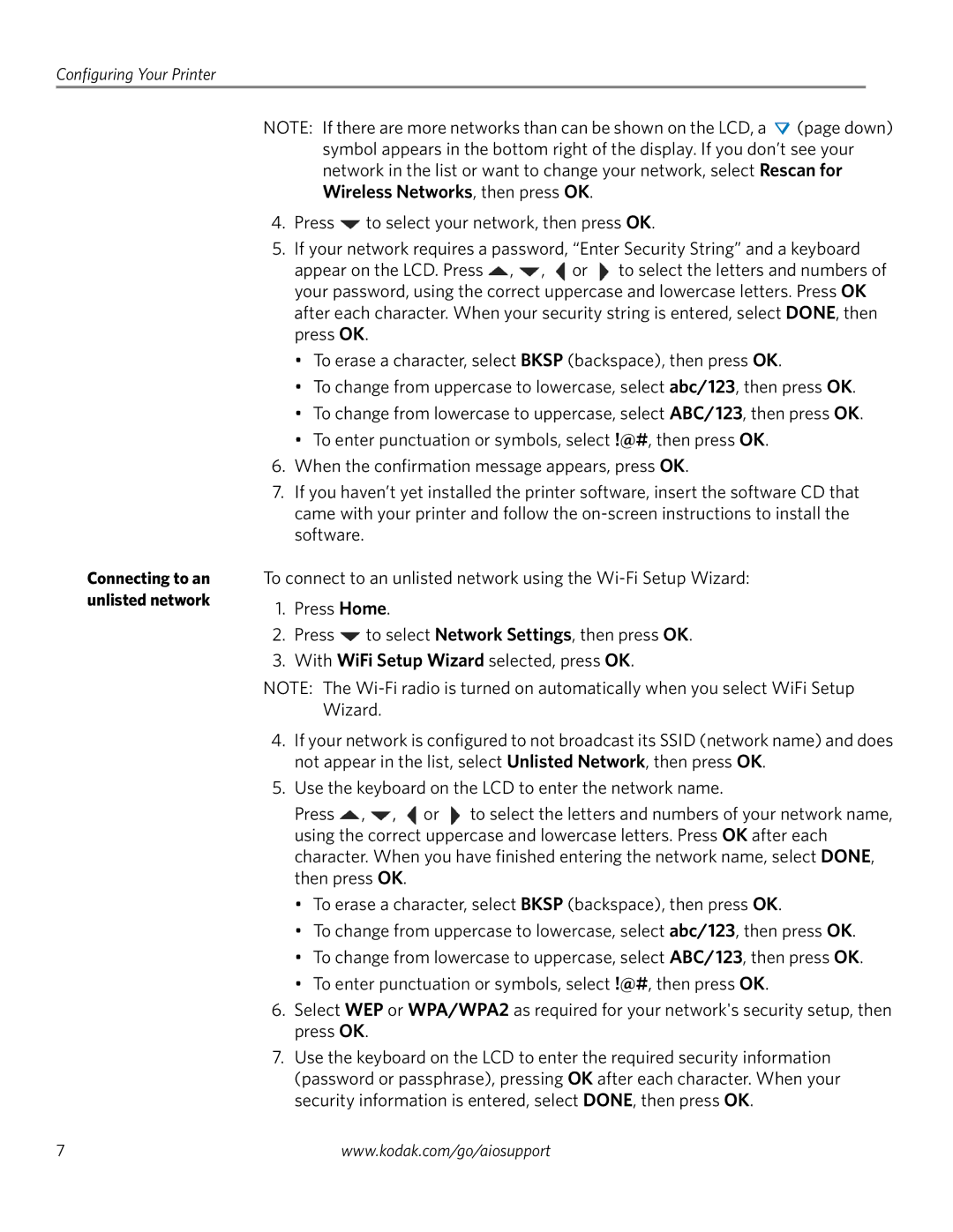 Kodak ESP 5260, ESP 5250, ESP 5200 Series manual Connecting to an unlisted network 