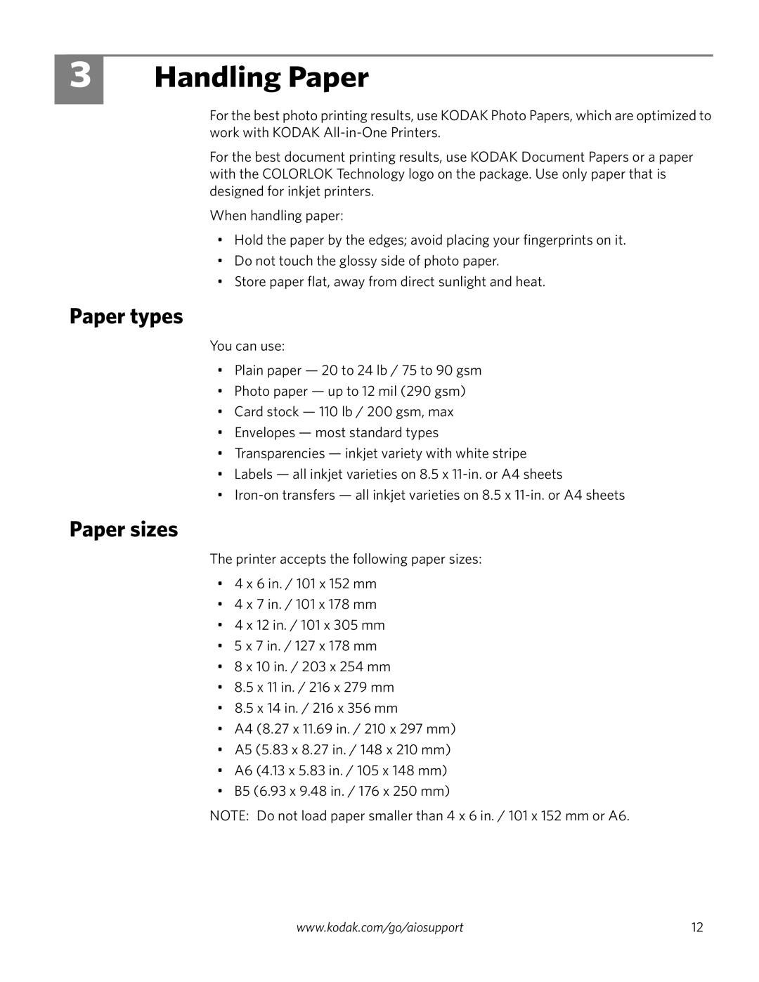 Kodak ESP 5200 Series, ESP 5260, ESP 5250 manual Handling Paper, Paper types, Paper sizes 