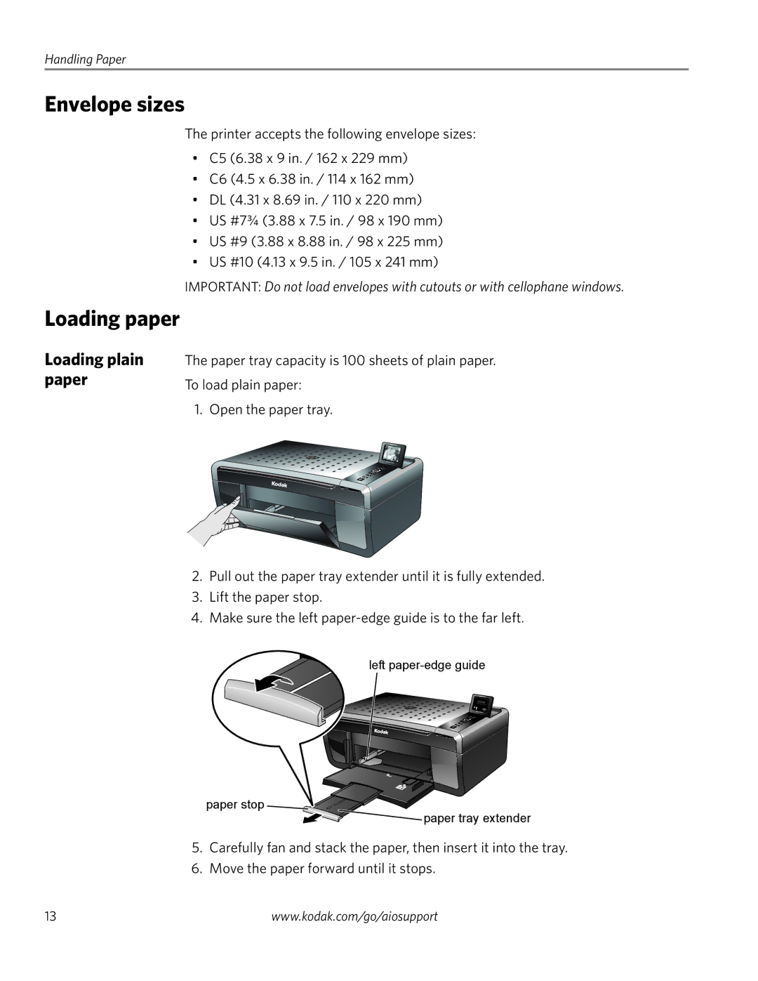 Kodak ESP 5260, ESP 5250, ESP 5200 Series manual Envelope sizes, Loading paper, Loading plain paper 