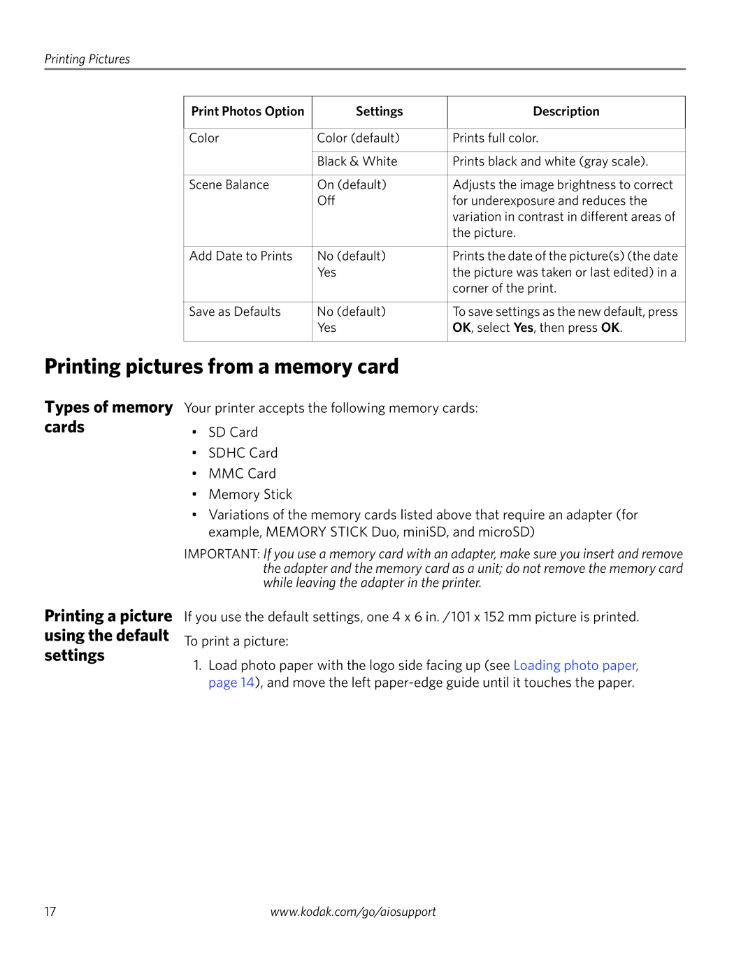 Kodak ESP 5250 Printing pictures from a memory card, Types of memory cards, Printing a picture using the default settings 