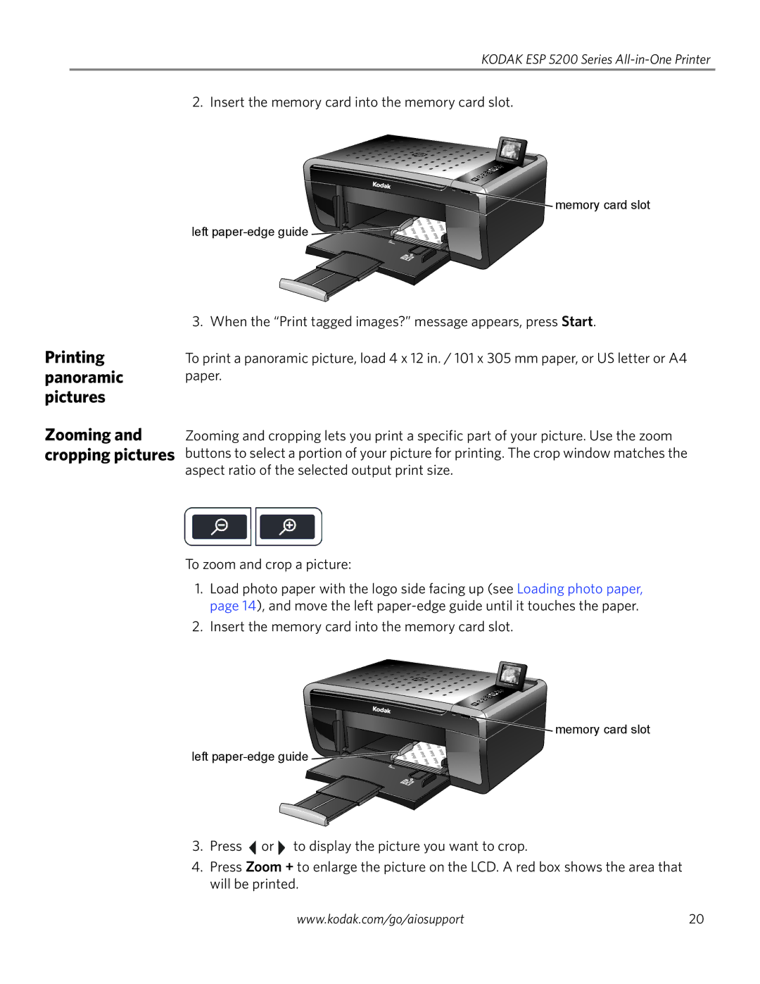 Kodak ESP 5250, ESP 5260, ESP 5200 Series manual Printing panoramic pictures Zooming and cropping pictures 