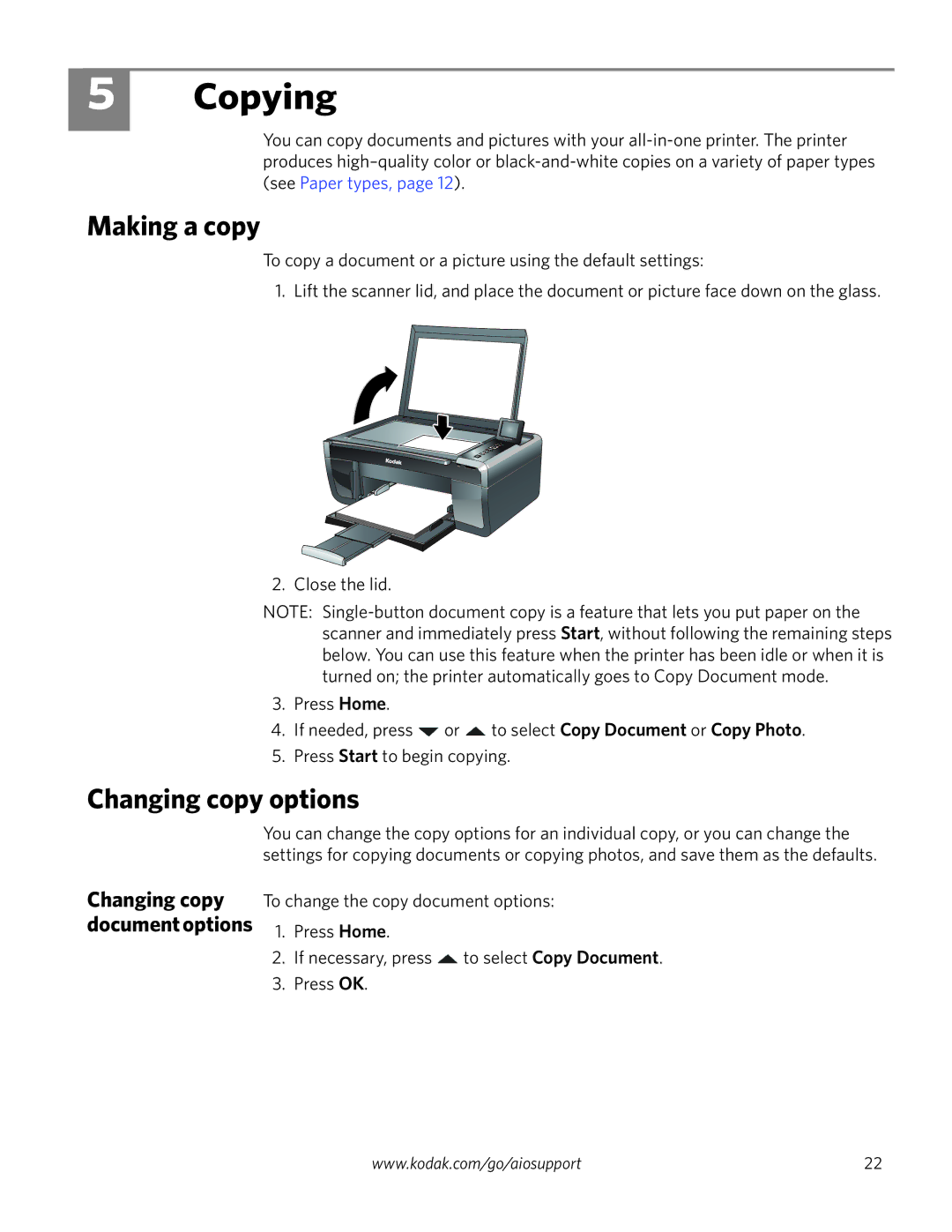 Kodak ESP 5260, ESP 5250, ESP 5200 Series Copying, Making a copy, Changing copy options, Changing copy document options 