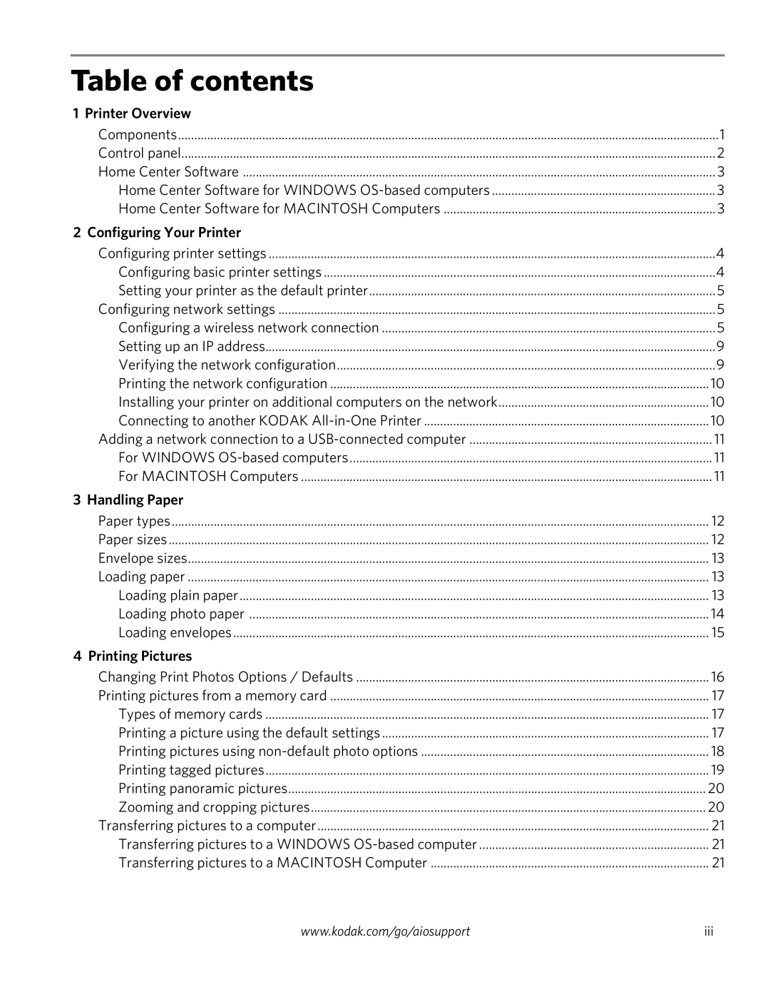 Kodak ESP 5260, ESP 5250, ESP 5200 Series manual Table of contents 