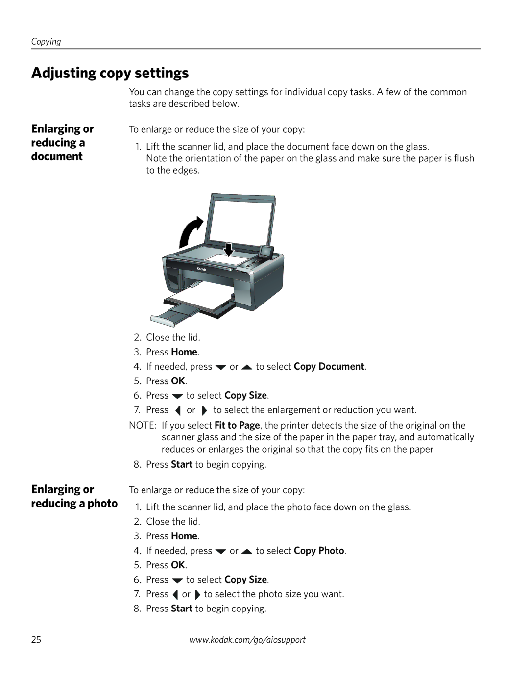 Kodak ESP 5260, ESP 5250, ESP 5200 Series manual Adjusting copy settings 