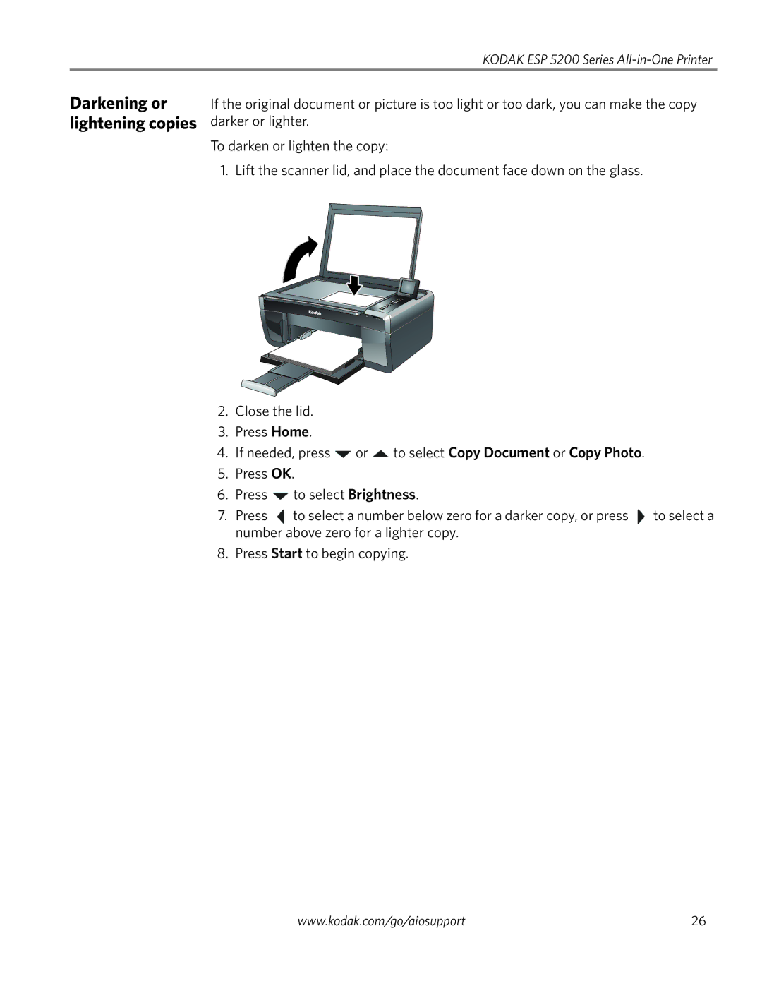 Kodak ESP 5250, ESP 5260, ESP 5200 Series manual Darkening or lightening copies 