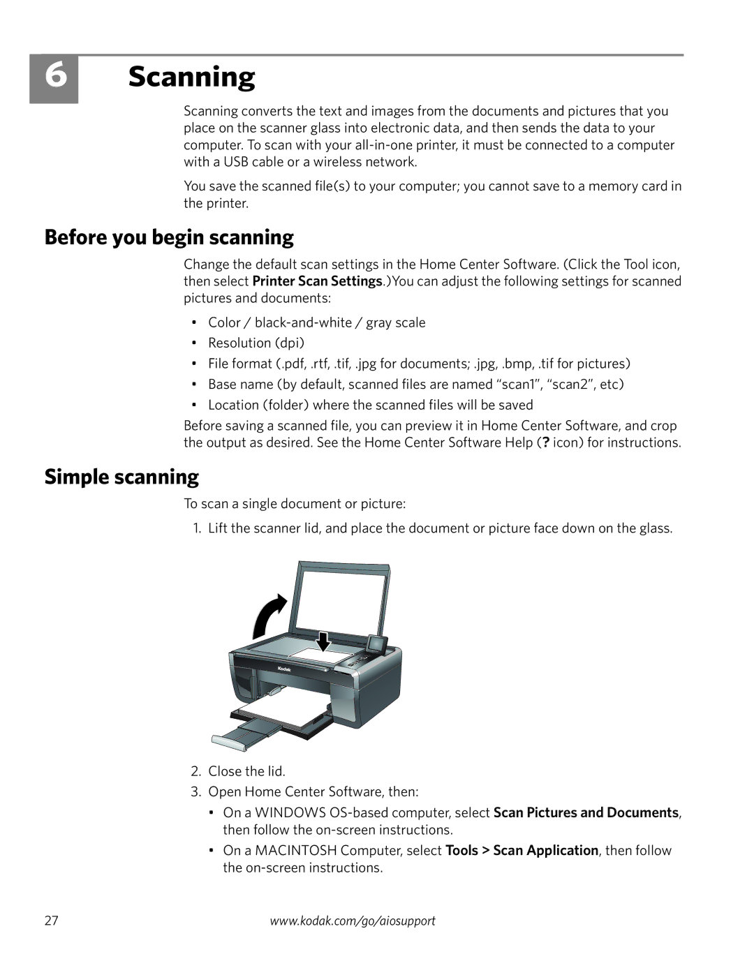 Kodak ESP 5200 Series, ESP 5260, ESP 5250 manual Scanning, Before you begin scanning, Simple scanning 