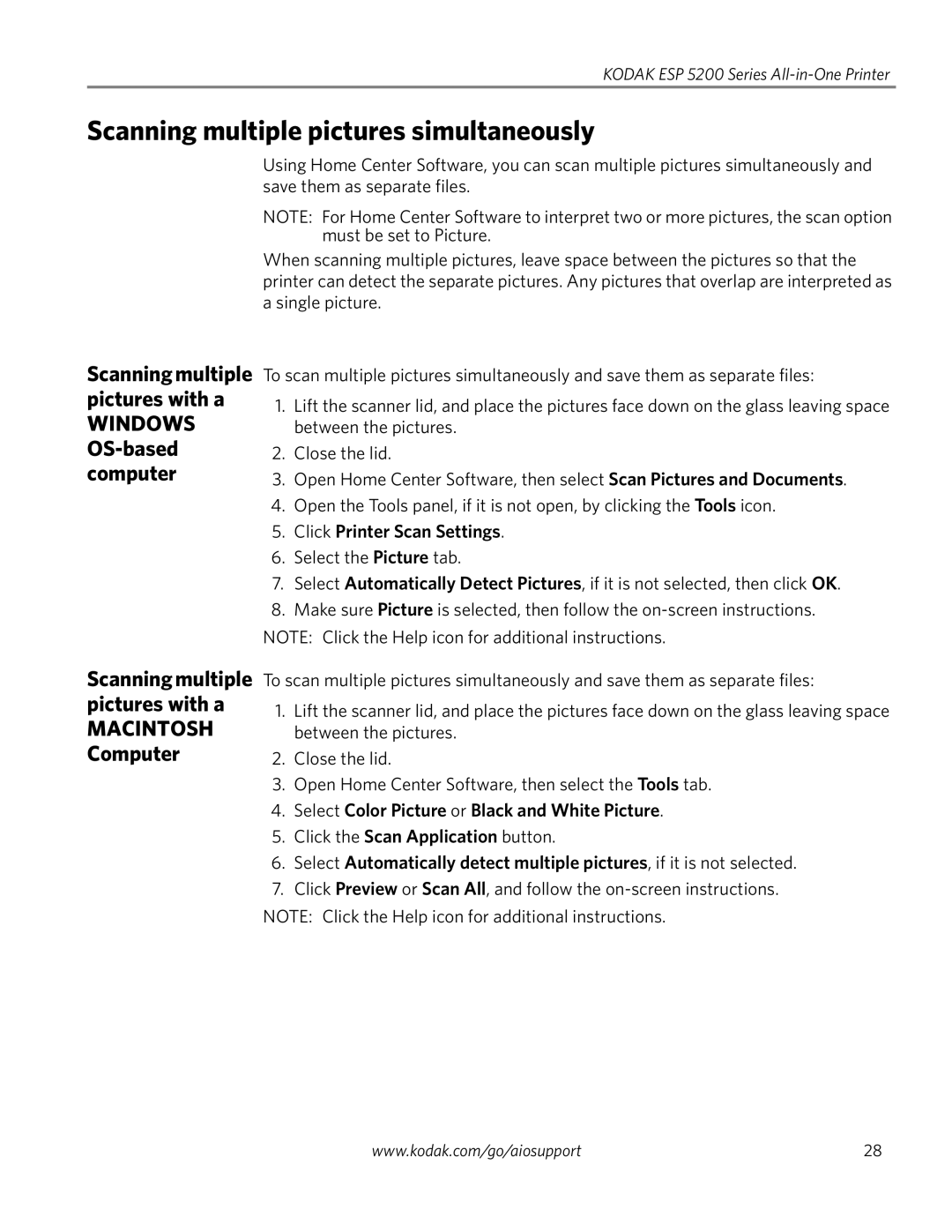 Kodak ESP 5260 Scanning multiple pictures simultaneously, Scanning multiple pictures with a, Click Printer Scan Settings 