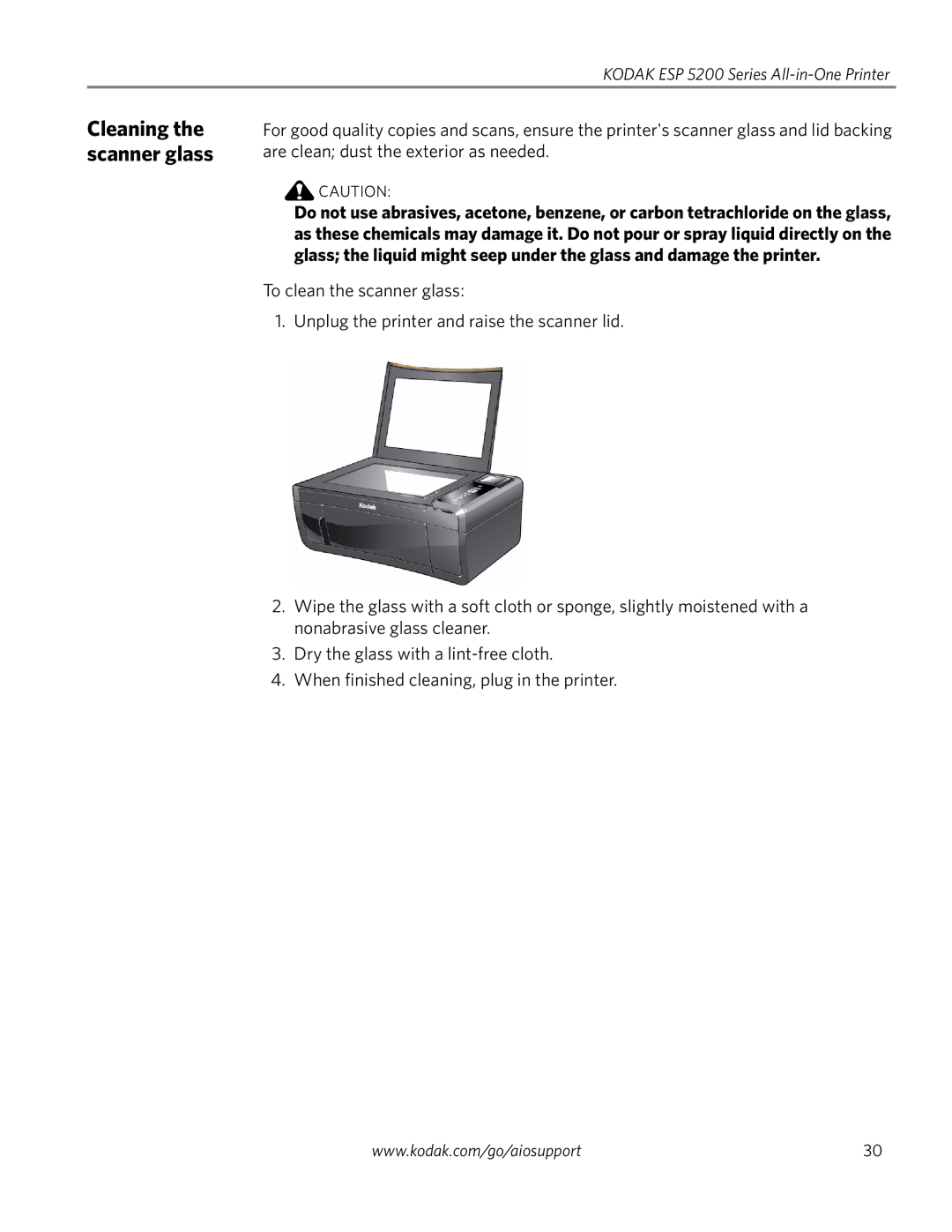 Kodak ESP 5200 Series, ESP 5260, ESP 5250 manual Cleaning the scanner glass 