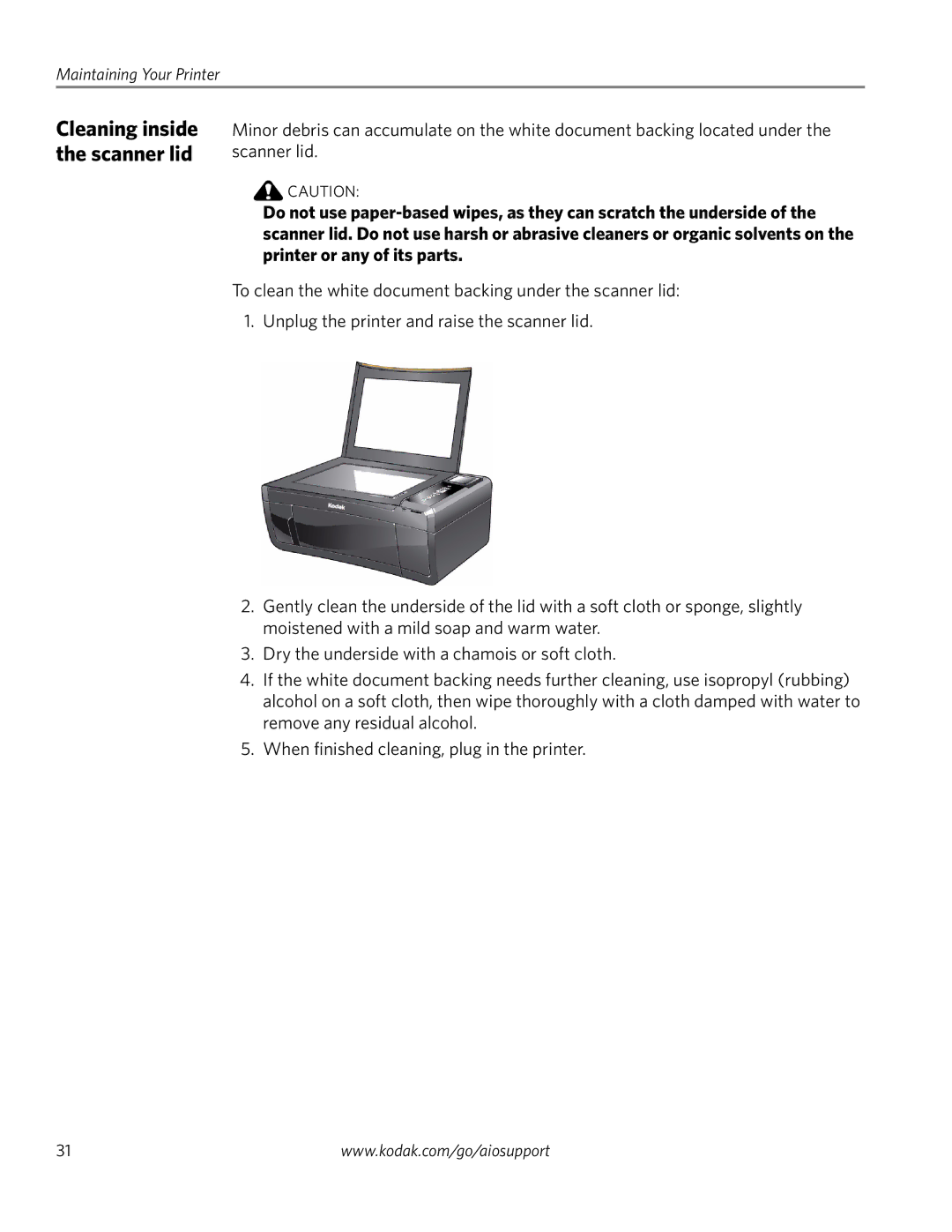 Kodak ESP 5260, ESP 5250, ESP 5200 Series manual Cleaning inside the scanner lid 