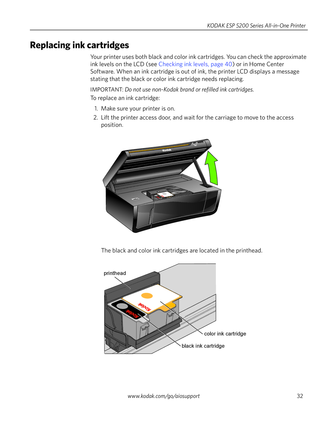 Kodak ESP 5250, ESP 5260, ESP 5200 Series manual Replacing ink cartridges 