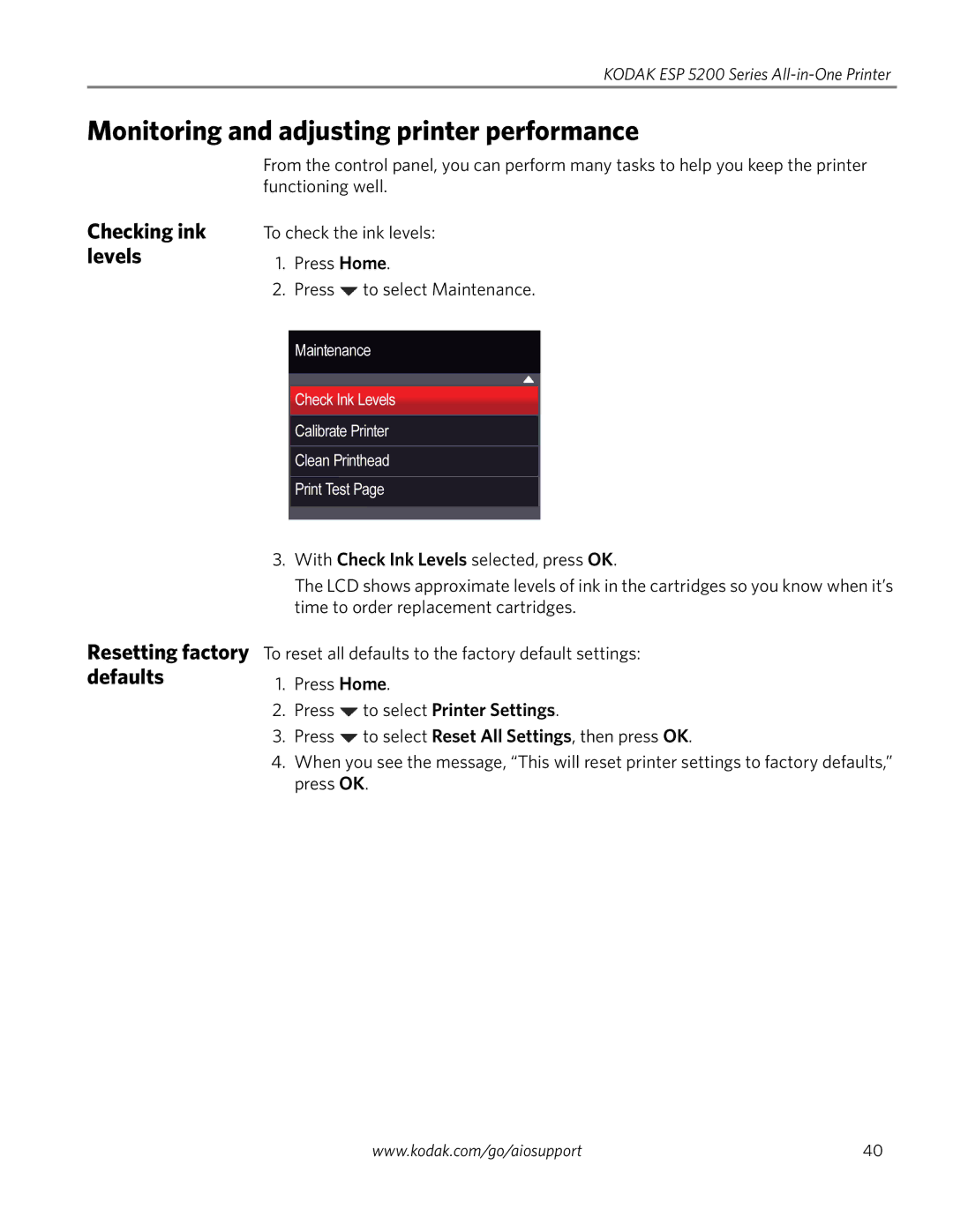 Kodak ESP 5260, ESP 5250, ESP 5200 Series manual Monitoring and adjusting printer performance, Checking ink levels 