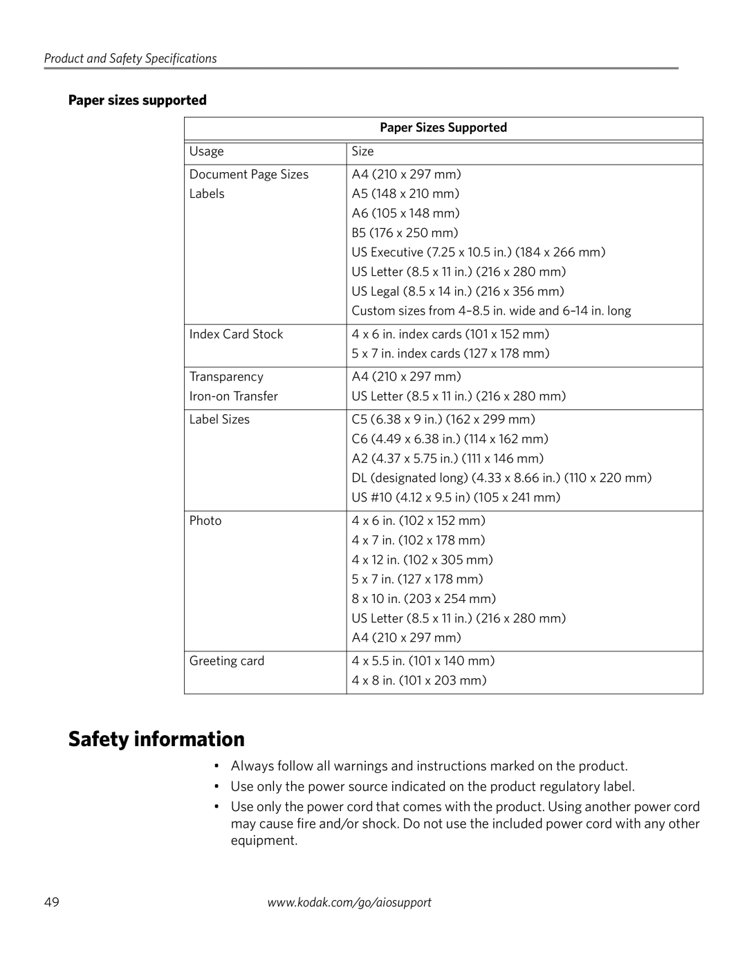 Kodak ESP 5260, ESP 5250, ESP 5200 Series manual Safety information, Paper sizes supported, Paper Sizes Supported 