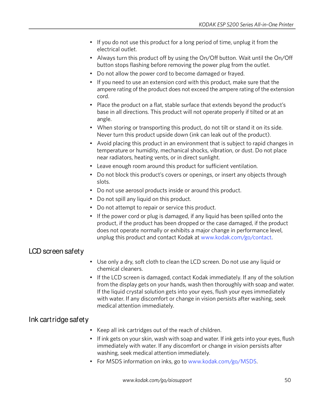 Kodak ESP 5250, ESP 5260, ESP 5200 Series manual LCD screen safety, Ink cartridge safety 