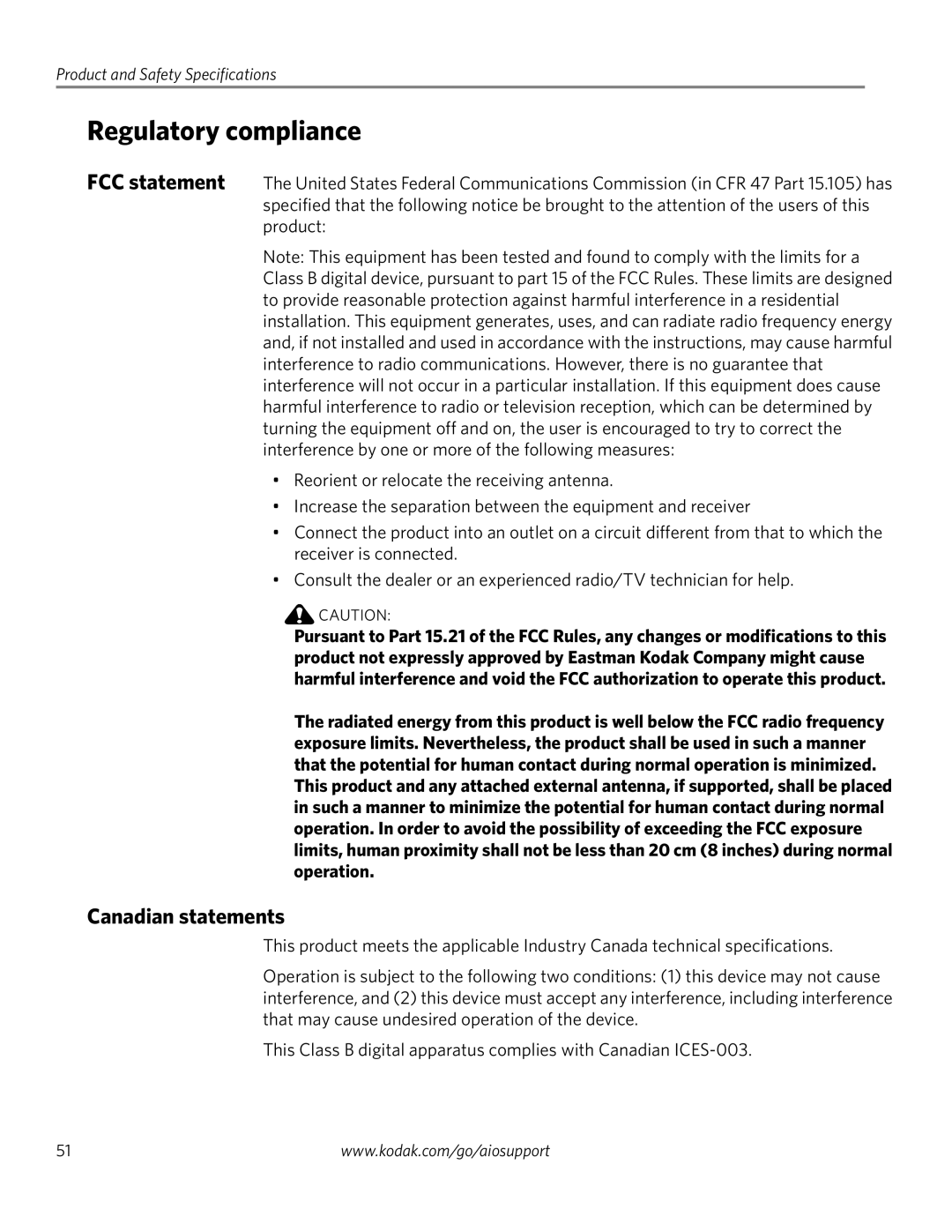 Kodak ESP 5200 Series, ESP 5260, ESP 5250 manual Regulatory compliance, Canadian statements 