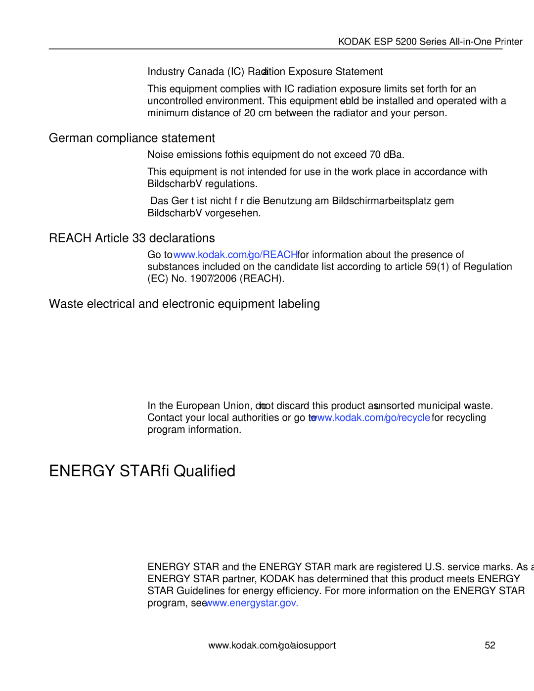 Kodak ESP 5260 manual Energy Star Qualified, German compliance statement, Industry Canada IC Radiation Exposure Statement 