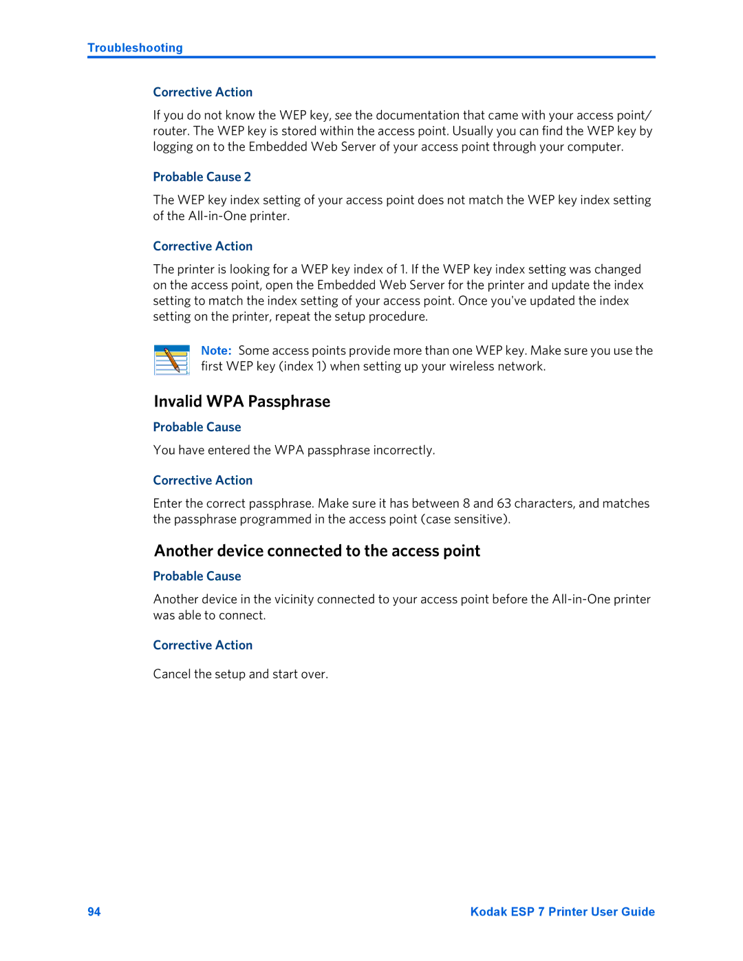 Kodak ESP 7 manual Invalid WPA Passphrase, Another device connected to the access point 