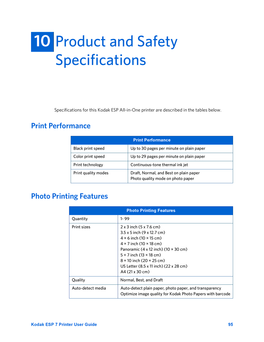 Kodak ESP 7 manual Product and Safety Specifications, Print Performance, Photo Printing Features 