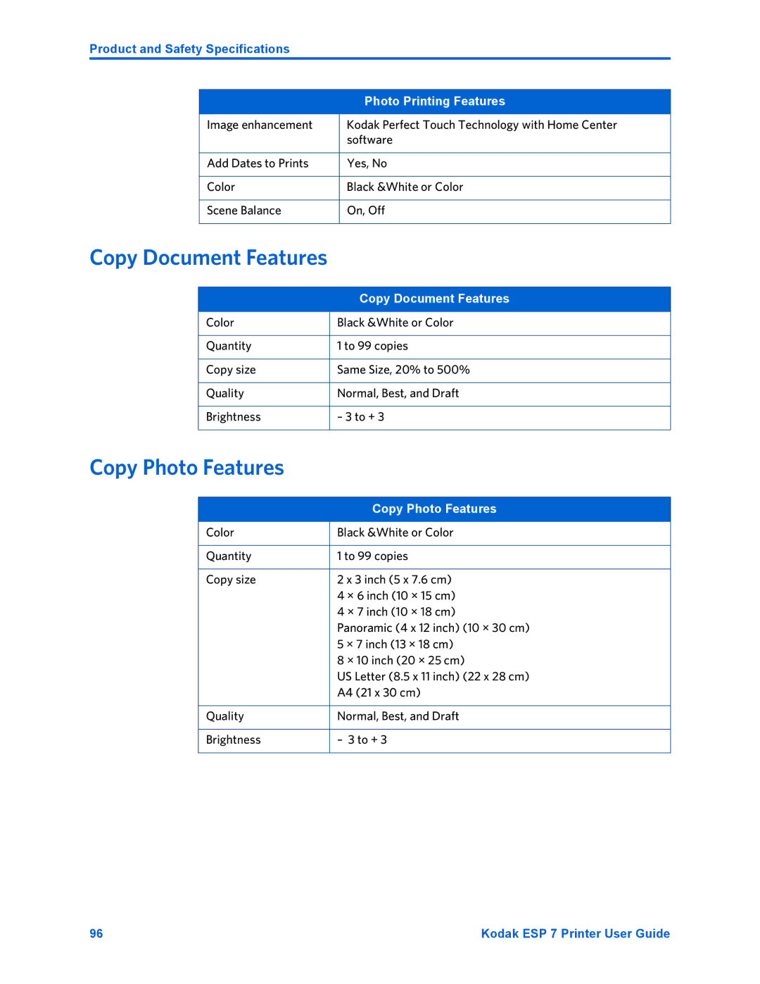 Kodak ESP 7 manual Copy Document Features, Copy Photo Features 