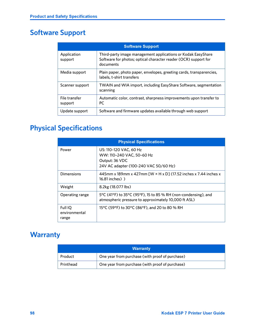 Kodak ESP 7 manual Software Support, Physical Specifications, Warranty 