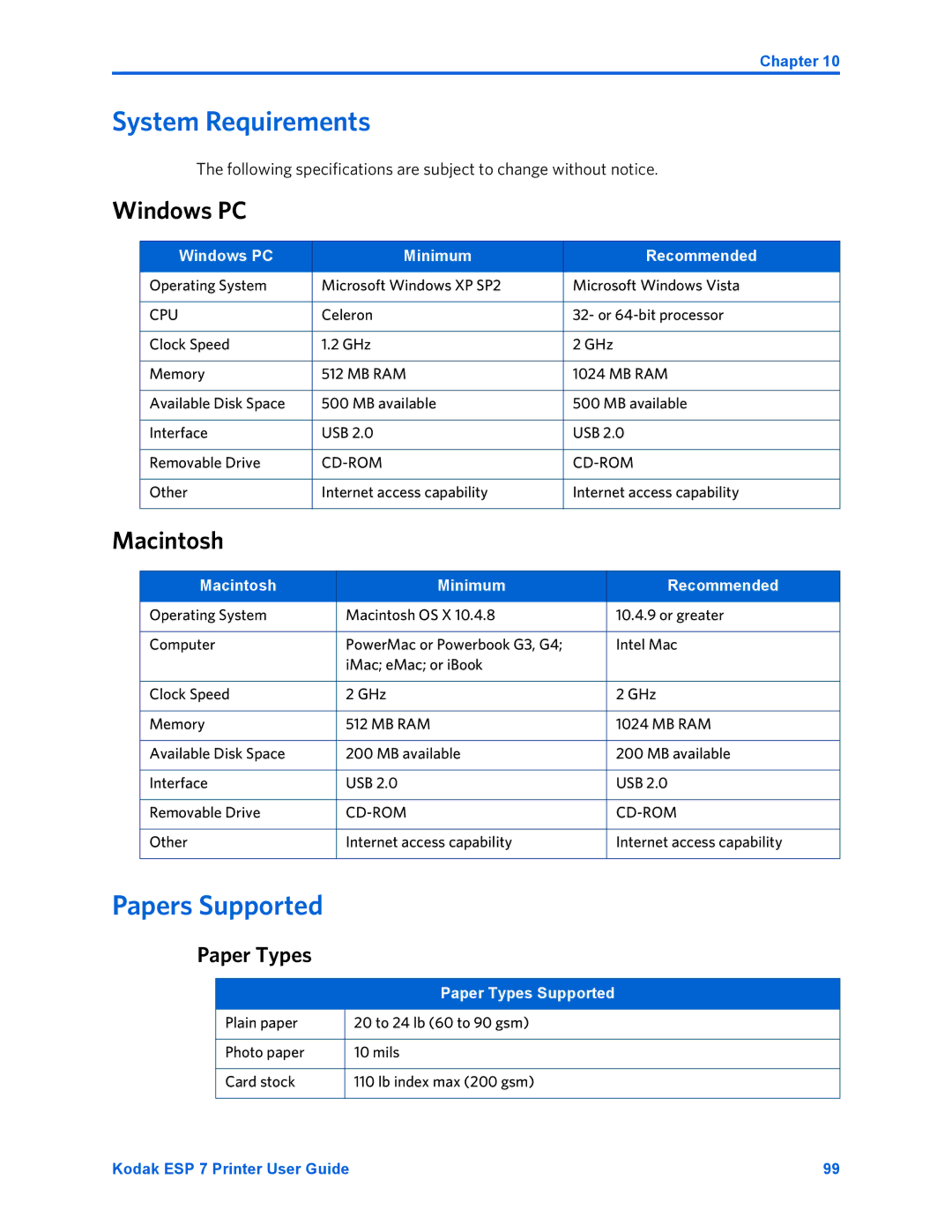 Kodak ESP 7 manual System Requirements, Papers Supported, Windows PC, Macintosh, Paper Types 