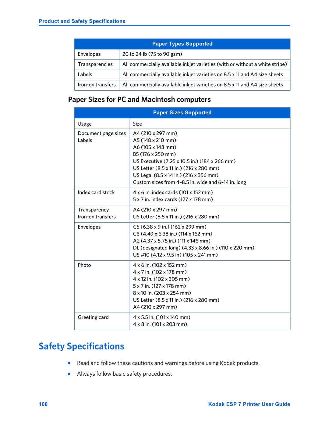 Kodak ESP 7 manual Safety Specifications, Paper Sizes for PC and Macintosh computers, Paper Sizes Supported 