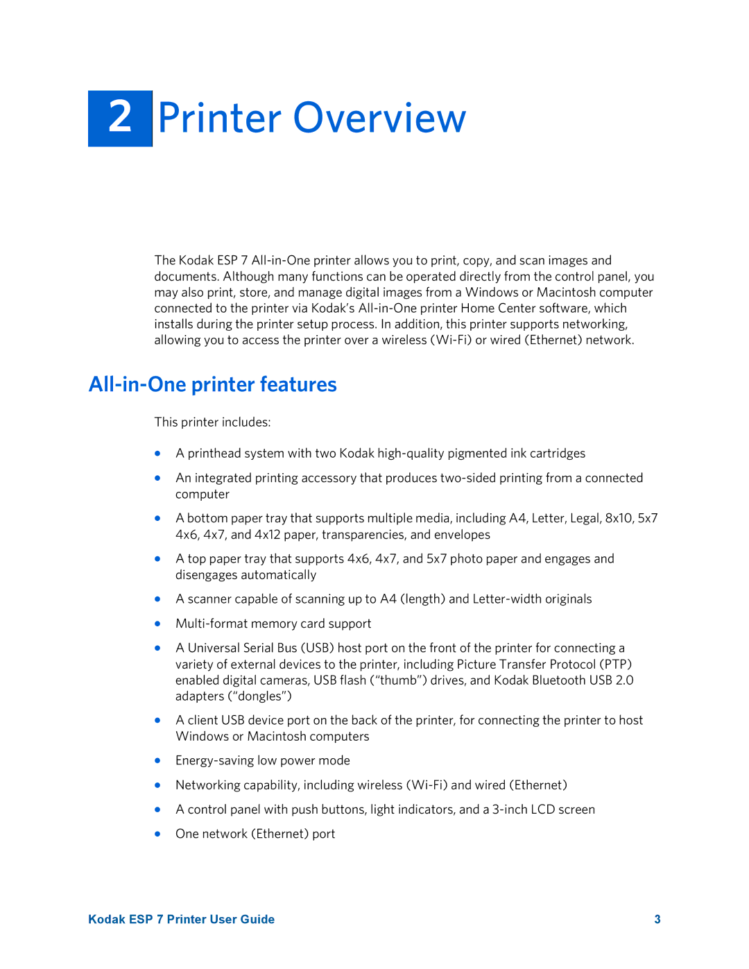 Kodak ESP 7 manual Printer Overview, All-in-One printer features 